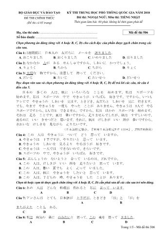 Đề thi chính thức THPT Quốc gia môn Tiếng Nhật - Mã đề: 506 - Năm học 2018 (Có đáp án)