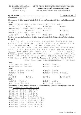 Đề thi chính thức THPT Quốc gia môn Tiếng Nhật - Mã đề: 509 - Năm học 2018 (Có đáp án)