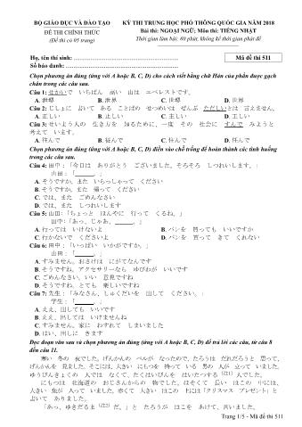 Đề thi chính thức THPT Quốc gia môn Tiếng Nhật - Mã đề: 511 - Năm học 2018 (Có đáp án)