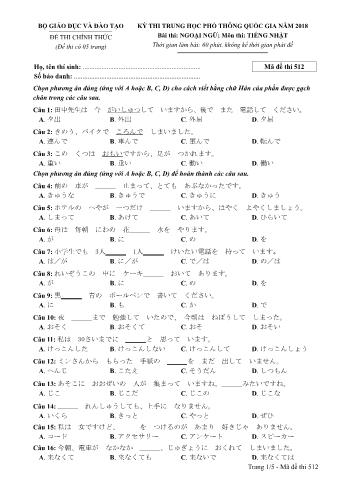 Đề thi chính thức THPT Quốc gia môn Tiếng Nhật - Mã đề: 512 - Năm học 2018 (Có đáp án)