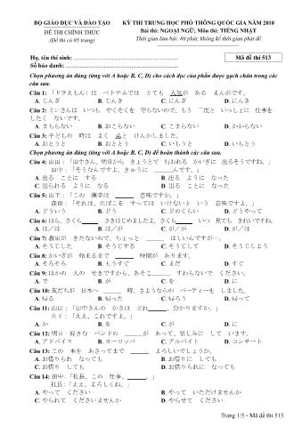 Đề thi chính thức THPT Quốc gia môn Tiếng Nhật - Mã đề: 513 - Năm học 2018 (Có đáp án)