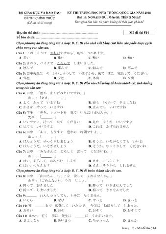 Đề thi chính thức THPT Quốc gia môn Tiếng Nhật - Mã đề: 514 - Năm học 2018 (Có đáp án)