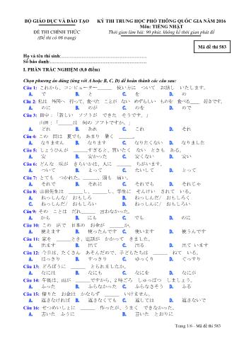 Đề thi chính thức THPT Quốc gia môn Tiếng Nhật - Mã đề: 583 - Năm học 2016 (Có đáp án)