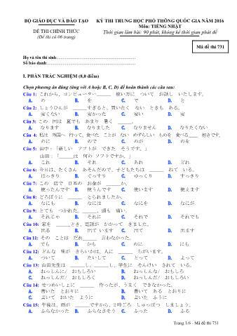 Đề thi chính thức THPT Quốc gia môn Tiếng Nhật - Mã đề: 731 - Năm học 2016 (Có đáp án)