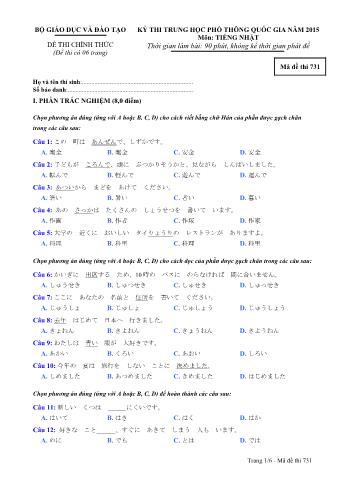 Đề thi chính thức THPT Quốc gia môn Tiếng Nhật - Mã đề: 731 - Năm học 2015 (Có đáp án)