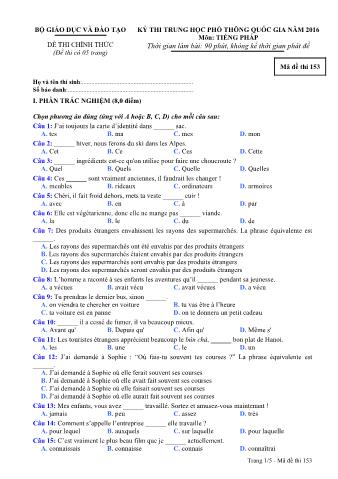 Đề thi chính thức THPT Quốc gia môn Tiếng Pháp - Mã đề: 153 - Năm học 2016 (Có đáp án)