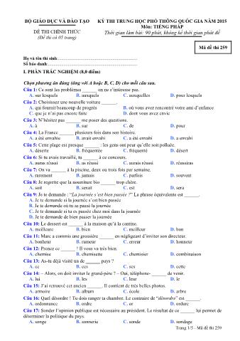 Đề thi chính thức THPT Quốc gia môn Tiếng Pháp - Mã đề: 259 - Năm học 2015 (Có đáp án)