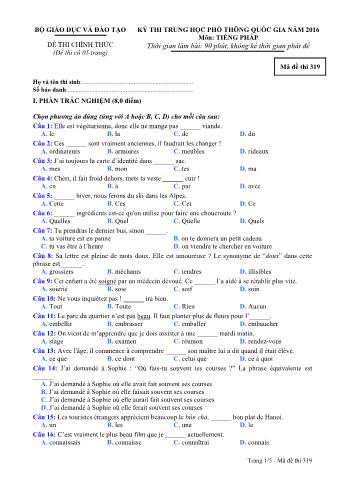 Đề thi chính thức THPT Quốc gia môn Tiếng Pháp - Mã đề: 319 - Năm học 2016 (Có đáp án)