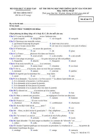 Đề thi chính thức THPT Quốc gia môn Tiếng Pháp - Mã đề: 372 - Năm học 2015 (Có đáp án)