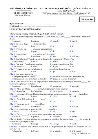 Đề thi chính thức THPT Quốc gia môn Tiếng Pháp - Mã đề: 486 - Năm học 2015 (Có đáp án)