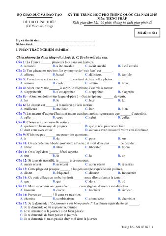 Đề thi chính thức THPT Quốc gia môn Tiếng Pháp - Mã đề: 514 - Năm học 2015 (Có đáp án)