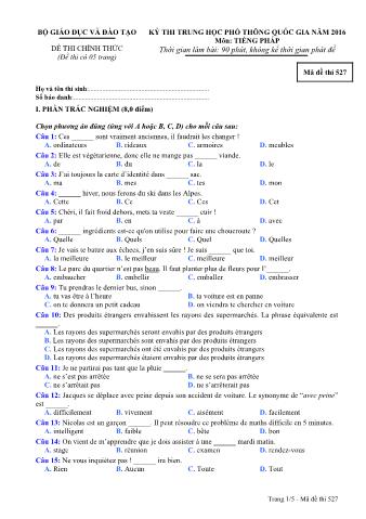 Đề thi chính thức THPT Quốc gia môn Tiếng Pháp - Mã đề: 527 - Năm học 2016 (Có đáp án)