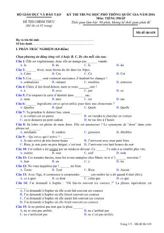 Đề thi chính thức THPT Quốc gia môn Tiếng Pháp - Mã đề: 618 - Năm học 2016 (Có đáp án)