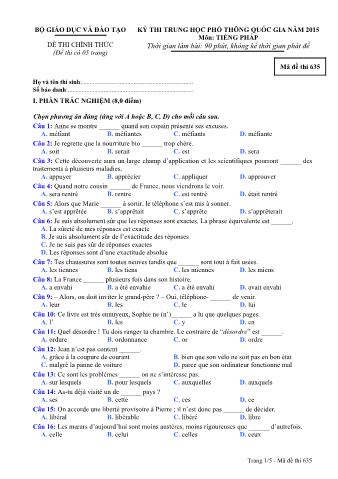 Đề thi chính thức THPT Quốc gia môn Tiếng Pháp - Mã đề: 635 - Năm học 2015 (Có đáp án)