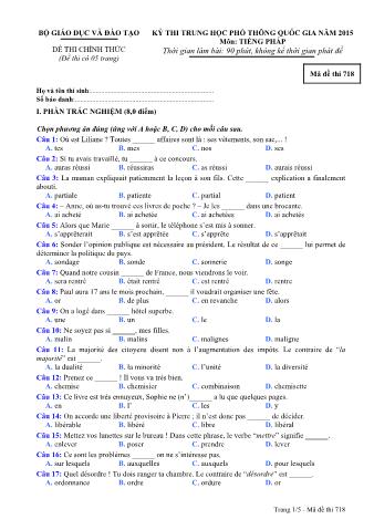 Đề thi chính thức THPT Quốc gia môn Tiếng Pháp - Mã đề: 718 - Năm học 2015 (Có đáp án)