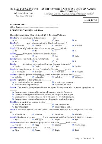 Đề thi chính thức THPT Quốc gia môn Tiếng Pháp - Mã đề: 724 - Năm học 2016 (Có đáp án)