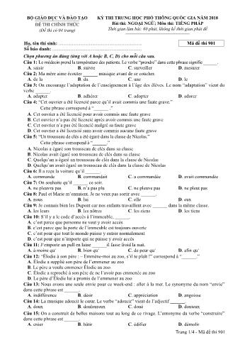 Đề thi chính thức THPT Quốc gia môn Tiếng Pháp - Mã đề: 901 - Năm học 2018 (Có đáp án)