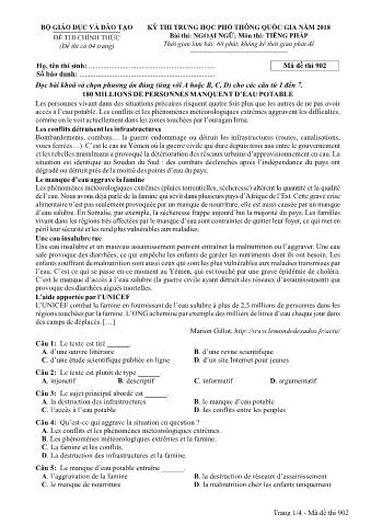 Đề thi chính thức THPT Quốc gia môn Tiếng Pháp - Mã đề: 902 - Năm học 2018 (Có đáp án)