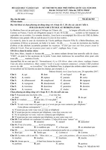 Đề thi chính thức THPT Quốc gia môn Tiếng Pháp - Mã đề: 903 - Năm học 2018 (Có đáp án)