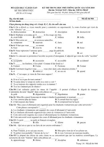 Đề thi chính thức THPT Quốc gia môn Tiếng Pháp - Mã đề: 904 - Năm học 2018 (Có đáp án)