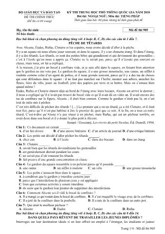 Đề thi chính thức THPT Quốc gia môn Tiếng Pháp - Mã đề: 905 - Năm học 2018 (Có đáp án)