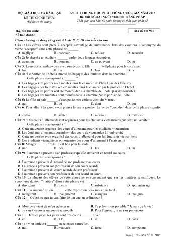 Đề thi chính thức THPT Quốc gia môn Tiếng Pháp - Mã đề: 906 - Năm học 2018 (Có đáp án)