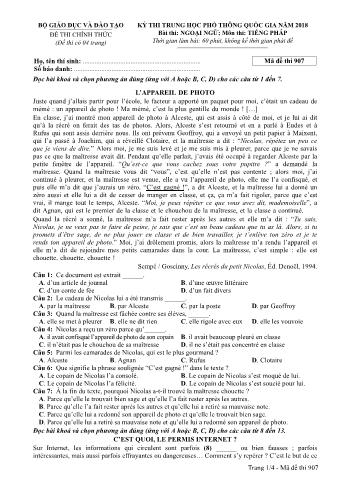 Đề thi chính thức THPT Quốc gia môn Tiếng Pháp - Mã đề: 907 - Năm học 2018 (Có đáp án)