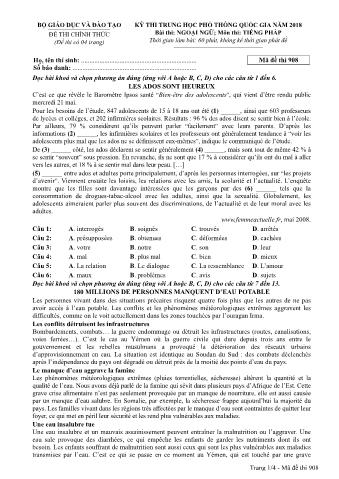 Đề thi chính thức THPT Quốc gia môn Tiếng Pháp - Mã đề: 908 - Năm học 2018 (Có đáp án)