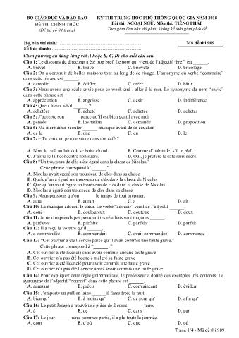 Đề thi chính thức THPT Quốc gia môn Tiếng Pháp - Mã đề: 909 - Năm học 2018 (Có đáp án)