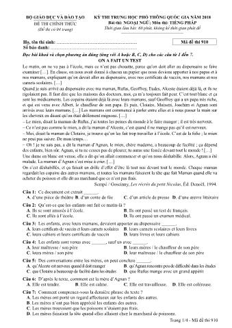 Đề thi chính thức THPT Quốc gia môn Tiếng Pháp - Mã đề: 910 - Năm học 2018 (Có đáp án)