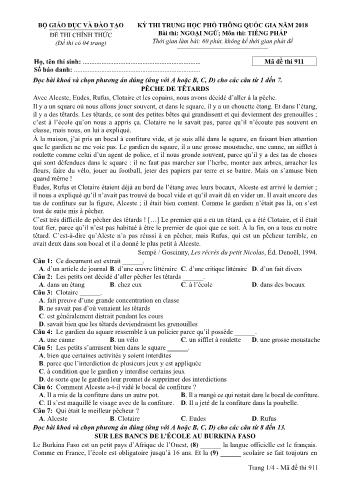 Đề thi chính thức THPT Quốc gia môn Tiếng Pháp - Mã đề: 911 - Năm học 2018 (Có đáp án)