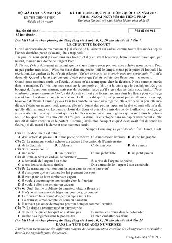 Đề thi chính thức THPT Quốc gia môn Tiếng Pháp - Mã đề: 912 - Năm học 2018 (Có đáp án)