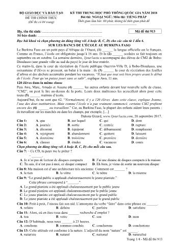 Đề thi chính thức THPT Quốc gia môn Tiếng Pháp - Mã đề: 913 - Năm học 2018 (Có đáp án)