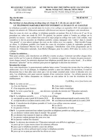 Đề thi chính thức THPT Quốc gia môn Tiếng Pháp - Mã đề: 915 - Năm học 2018 (Có đáp án)