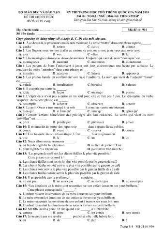 Đề thi chính thức THPT Quốc gia môn Tiếng Pháp - Mã đề: 916 - Năm học 2018 (Có đáp án)