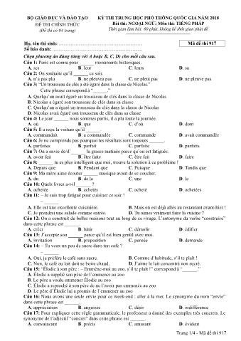 Đề thi chính thức THPT Quốc gia môn Tiếng Pháp - Mã đề: 917 - Năm học 2018 (Có đáp án)