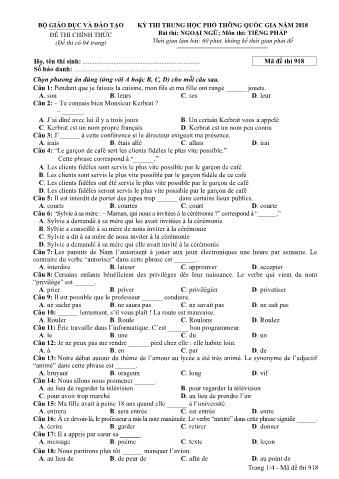 Đề thi chính thức THPT Quốc gia môn Tiếng Pháp - Mã đề: 918 - Năm học 2018 (Có đáp án)