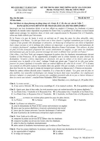 Đề thi chính thức THPT Quốc gia môn Tiếng Pháp - Mã đề: 919 - Năm học 2018 (Có đáp án)