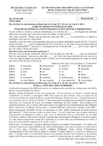 Đề thi chính thức THPT Quốc gia môn Tiếng Pháp - Mã đề: 920 - Năm học 2018 (Có đáp án)