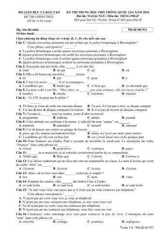 Đề thi chính thức THPT Quốc gia môn Tiếng Pháp - Mã đề: 921 - Năm học 2018 (Có đáp án)