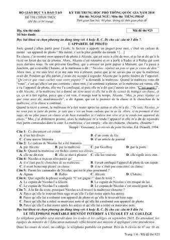 Đề thi chính thức THPT Quốc gia môn Tiếng Pháp - Mã đề: 923 - Năm học 2018 (Có đáp án)