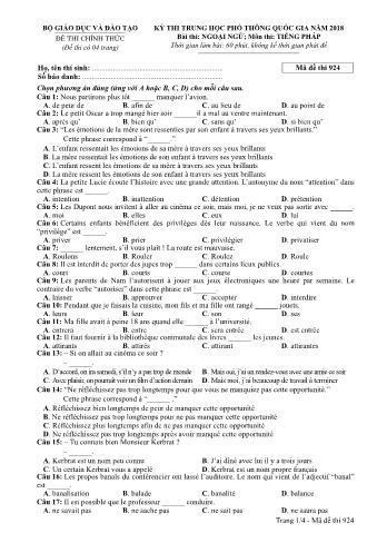 Đề thi chính thức THPT Quốc gia môn Tiếng Pháp - Mã đề: 924 - Năm học 2018 (Có đáp án)