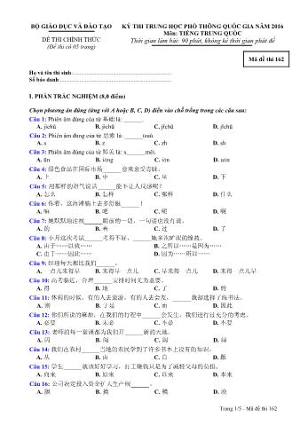Đề thi chính thức THPT Quốc gia môn Tiếng Trung - Mã đề: 162 - Năm học 2016 (Có đáp án)