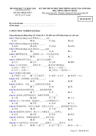Đề thi chính thức THPT Quốc gia môn Tiếng Trung - Mã đề: 295 - Năm học 2016 (Có đáp án)
