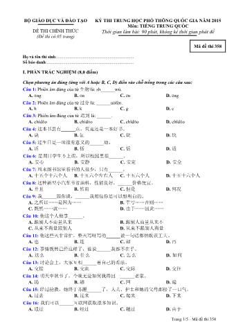 Đề thi chính thức THPT Quốc gia môn Tiếng Trung - Mã đề: 358 - Năm học 2015 (Có đáp án)