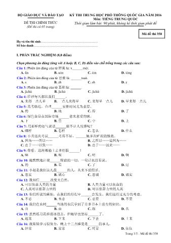 Đề thi chính thức THPT Quốc gia môn Tiếng Trung - Mã đề: 358 - Năm học 2016 (Có đáp án)