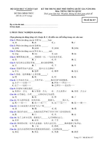 Đề thi chính thức THPT Quốc gia môn Tiếng Trung - Mã đề: 417 - Năm học 2016 (Có đáp án)