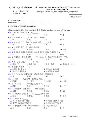 Đề thi chính thức THPT Quốc gia môn Tiếng Trung - Mã đề: 517 - Năm học 2015 (Có đáp án)