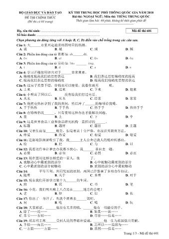 Đề thi chính thức THPT Quốc gia môn Tiếng Trung - Mã đề: 601 - Năm học 2018 (Có đáp án)