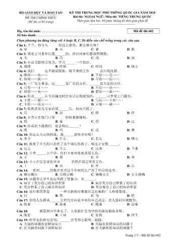 Đề thi chính thức THPT Quốc gia môn Tiếng Trung - Mã đề: 602 - Năm học 2018 (Có đáp án)